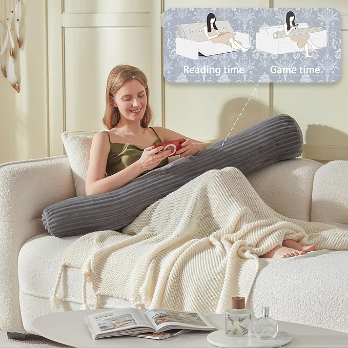 Headboard Wedge Pillow + A Long Neck Roll Pillow Body Pillow，Large Headboard Pillow with Removable Cover (Gray, Queen：59x8x20 inches)