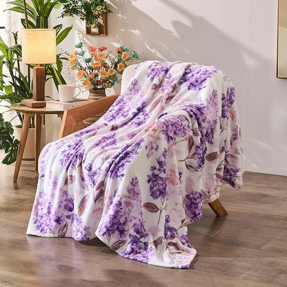 Floral Throw Blanket Birthday Gift for Women Mom Girls Violet Flowers Blanket Summer Wildflower Flannel Blanket Watercolor Printed Throw for Couch Sofa Bed Chair 60"x80"