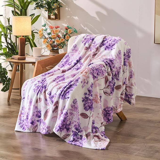 Floral Throw Blanket Birthday Gift for Women Mom Girls Violet Flowers Blanket Summer Wildflower Flannel Blanket Watercolor Printed Throw for Couch Sofa Bed Chair 50"x60"