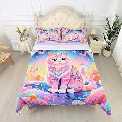 Cat Comforter Set Queen: Rainbow Cat Bedding Set Cartoon Exotic Kitten Floral Feline Castle Quilt for Women Girls Teens Adults Colorful Butterfly Pet Animal Bed Set 3 Piece