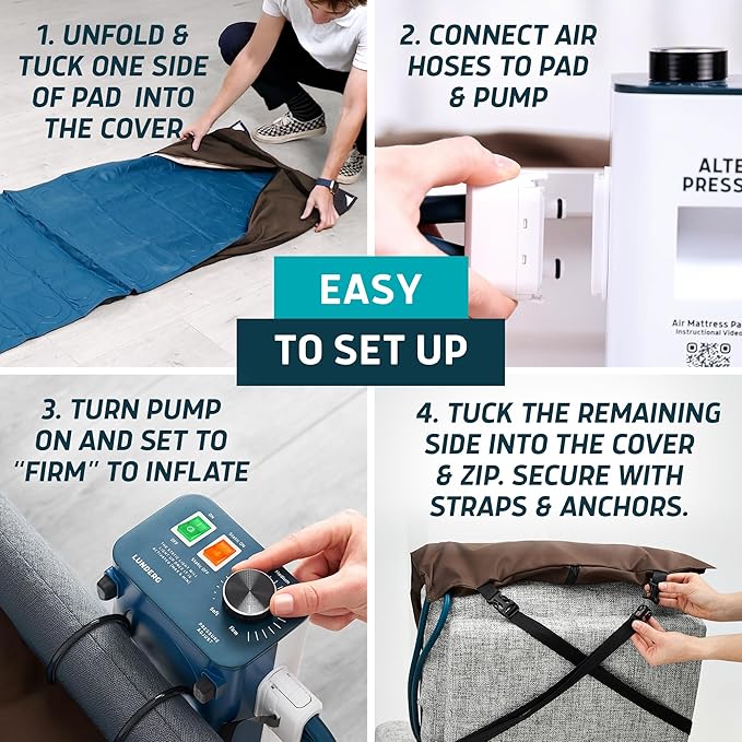 Lunderg Alternating Air Pressure Pad for Recliner Chair - Pressure Relief Cushion Topper for Recliner - Bed Sore Prevention - Medical Grade Mattress Pad, Cover & Quiet Pump - Home or Hospital (Coffee)