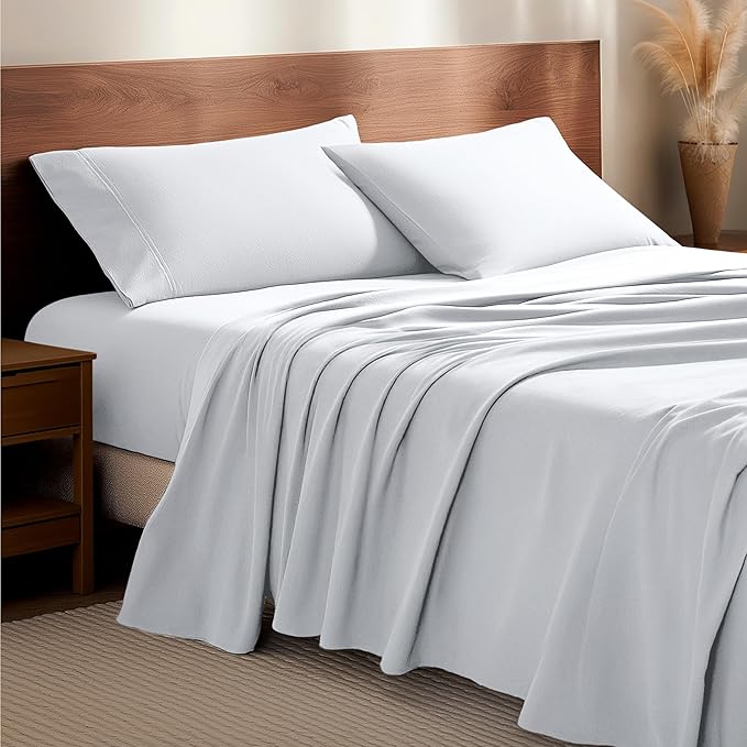 Bare Home Flannel Sheet Set 100% Cotton, Velvety Soft Heavyweight - Double Brushed Flannel - Deep Pocket (Split California King, White)
