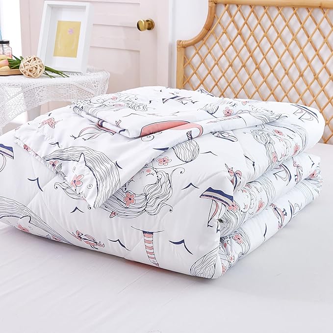 JSD Mermaid Twin Comforter Set for Girls, 2 Piece Ocean Theme Microfiber Comforter with Pillow Sham, Lightweight All Season Washable