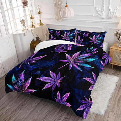 Marijuana Leaf Themed Comforter 3Pcs Queen Tie Dye Weed Leaves Herb Botanical Bedding Set for Kid Teen Girl Boy Adult Room Decor Fog Cannabis Leaves Quilt with 1 Comforter and 2 Pillowcases