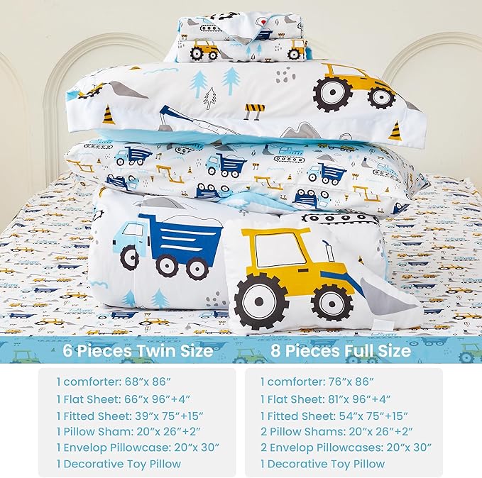 Mooreeke Twin Size Comforter Sets for Girls Kids, 6 Pieces Bed in a Bag Truck Excavator Bedding Comforter Sheet Set with Shams and Decorative Toy Pillow, Ultral Soft Microfiber Kids Bed Set