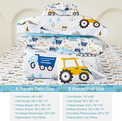 Mooreeke Twin Size Comforter Sets for Girls Kids, 6 Pieces Bed in a Bag Truck Excavator Bedding Comforter Sheet Set with Shams and Decorative Toy Pillow, Ultral Soft Microfiber Kids Bed Set