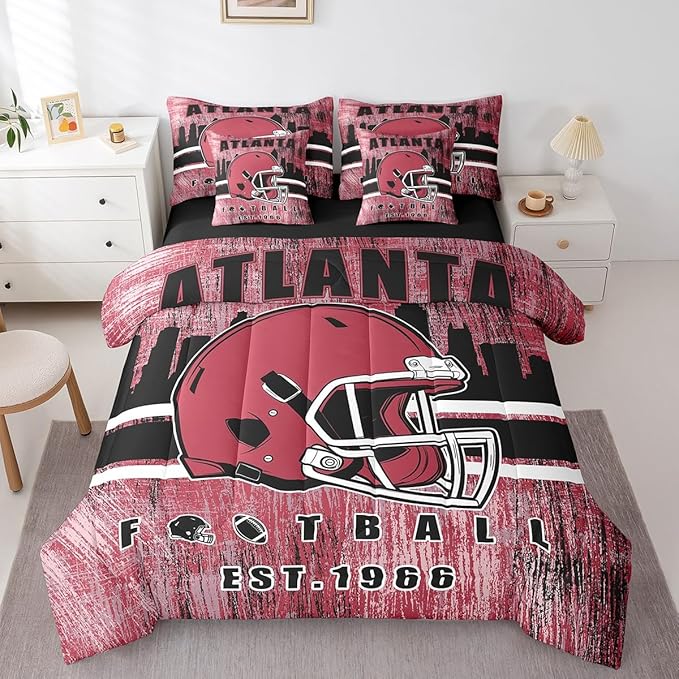 Erosebridal Kids Football Bed in A Bag Gridiron Sports Bedding Set King,Brick Red Sports Helmet Comforter Sets with Sheets Rugby City Seasonal Color 7 Pieces Bed Set Bedroom Decor