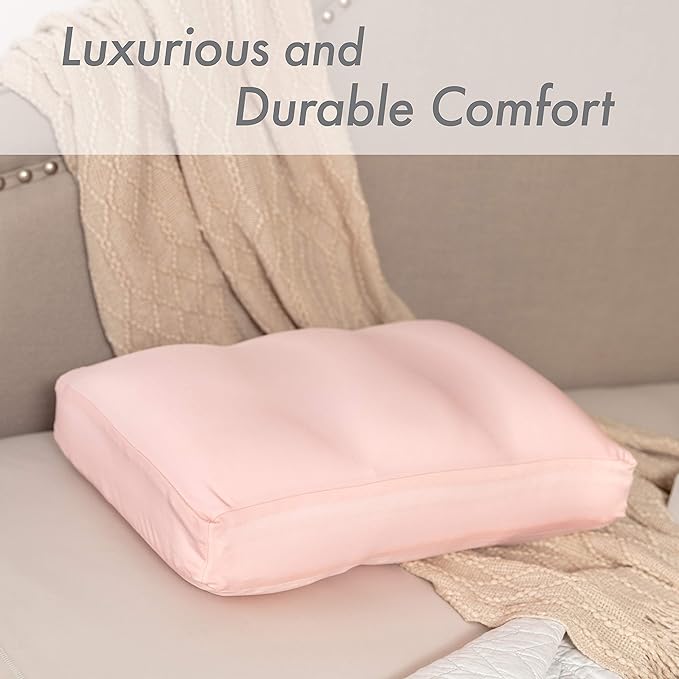 PILLOWY Premium Microbead Bed Pillow, Small Extra Fluffy But Supportive - Ultra Comfortable Sleep with Silk Like Anti Aging Cover 85% Spandex/ 15% Nylon Breathable, Cooling Cream Peach