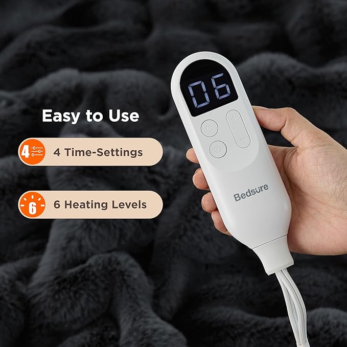 Bedsure Fluffy Bubble Faux Fur Heated Blanket Throw - Super Soft Electric Blanket, Heating with 6 Heating Levels, 4 Time Settings, 3-Hour Auto-Off, Decor Gifts for Home, Grey, 50x60 inches