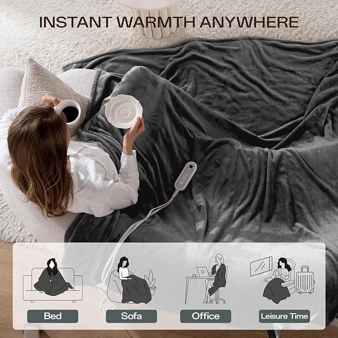 Heated Blanket Electric Blanket Full Size 72''x84'', Double-Layer Flannel Heating Blanket with 10 Hour Auto Off & 8 Heat Settings, Heated Throw Blanket for Full Body, Bed, Machine Washable, Dark Grey