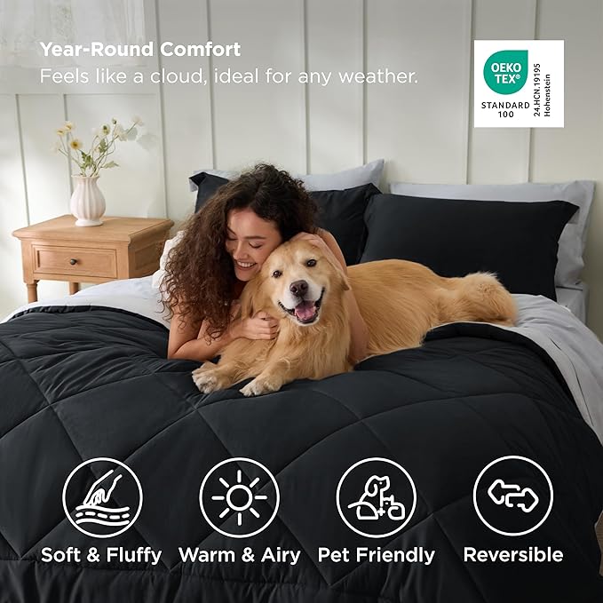 Bedsure Oversized Queen Comforter Set - 7 Pieces Reversible Black Bedding, Oversized Queen Size Bed Set for All Seasons, Bed in a Bag with Down Alternative Comforter, Sheets, Pillowcases & Shams