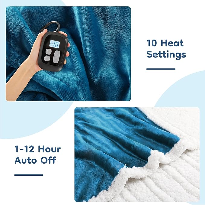 Electric Heated Blanket Twin Size - 62"x84", Soft Flannel Heating Blanket, 10 Heating Levels, 1-12 H Auto Shut Off, Breathable Warm and Washable for Bed, Lake Blue