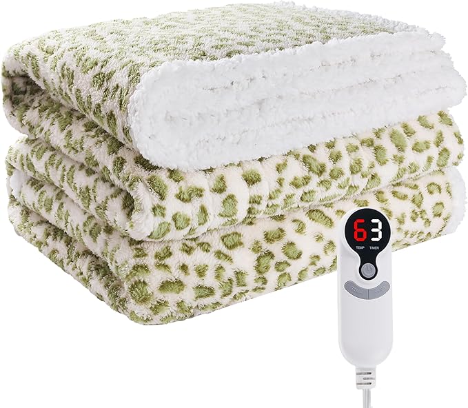 Electric Heated Blanket Throw 50"×60" with 6 Heating Levels &3 Hours Auto Off, Heating Double Sided Plush Sherpa, Fast Heating, Machine Washable Leopard Print Green & White