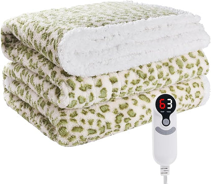 Electric Heated Blanket Throw 50"×60" with 6 Heating Levels &3 Hours Auto Off, Heating Double Sided Plush Sherpa, Fast Heating, Machine Washable Leopard Print Green & White