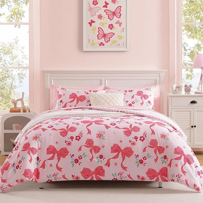 Full Size Comforter Set for Girls, Pink Bow Bedding Set with Cute Floral, All Season Kids Bed in a Bag 7 Pieces with Sheets, Pillowcases & Shams