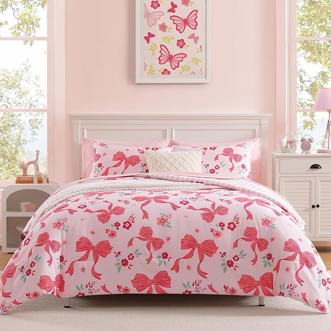 Twin XL Comforter Set for Girls, Pink Bow Bedding Set with Cute Floral, All Season Kids Dorm Bed in a Bag 5 Pieces with Sheets, Pillowcase & Sham
