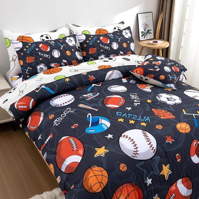 A Nice Night Boys Rugby Balls Comforter Set 6-Piece Bed-in-a-Bag with Sheet Set, Queen Size Polyester Bedding Collections for Kids, Durable & Easy Care, Sports Theme Design for Boys Bedroom