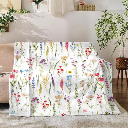 Floral Throw Blanket Birthday Gift for Women Mom Girls Colorful Flowers Blanket Summer Wildflower Flannel Blanket Watercolor Printed Throw for Couch Sofa Bed Chair 50"x60"