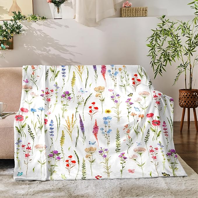 Floral Throw Blanket Birthday Gift for Women Mom Girls Colorful Flowers Blanket Summer Wildflower Flannel Blanket Watercolor Printed Throw for Couch Sofa Bed Chair 60"x80"