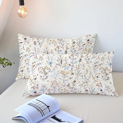 Floral Duvet Cover Queen Size Beige Striped Bedding Set with Purple Flowers 3 Pieces Kids Boys Girls Botanical Garden Style Stripe Reversible Fall Soft Microfiber Duvet Cover Set