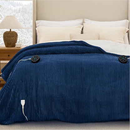 Bedsure GentleSoft Electric Blanket King Size - Soft Ribbed Flannel Heated Blanket with Dual Control, Heating with 10 Heat Settings & 10 Time Settings, 8 hrs Timer Auto Shut Off (90x100 inches, Navy)