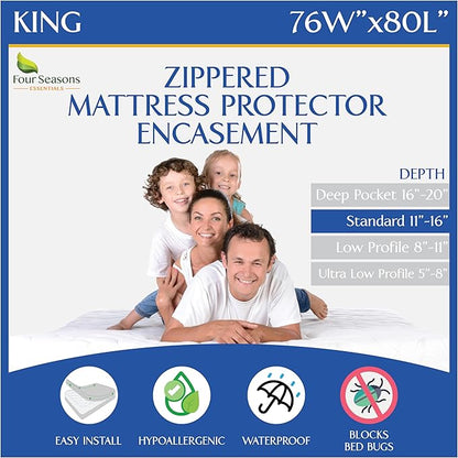 King Size Mattress Protector Bed Bug Waterproof Zippered Cover - Hypoallergenic Premium Quality Encasement Protects Against Liquids, Dust - Breathable, Noiseless White