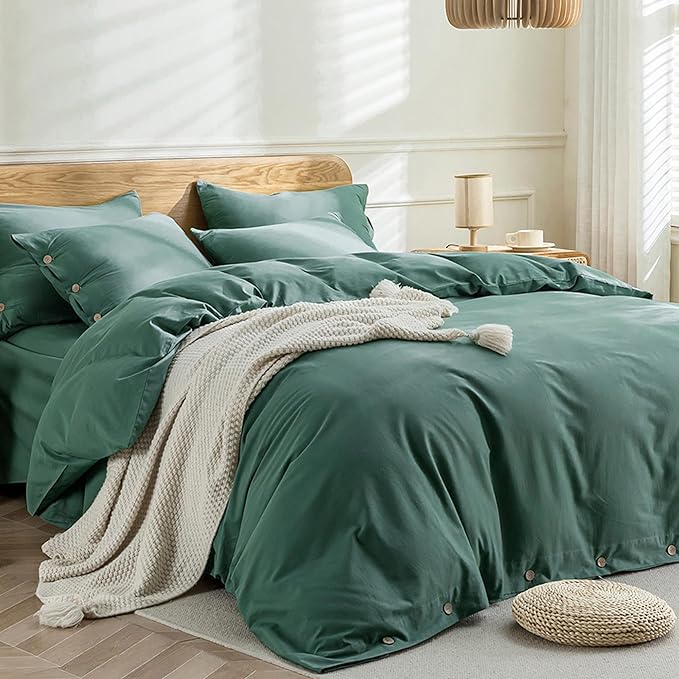JELLYMONI Cotton Duvet Cover Twin Size - Dark Green Comforter Cover with Button 100% Washed Cotton 2PCS Breathable Soft Solid Bedding Set Duvet Cover 68×90in & 1 Pillowcase (NO Comforter)