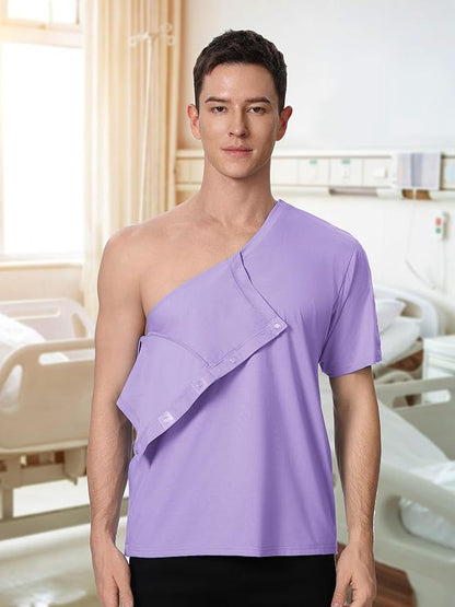 Magnetic Buttons Post Shoulder Surgery Recovery Shirt for Men V-Neck Tear Away Adaptive Chemo Port Clothing for Women