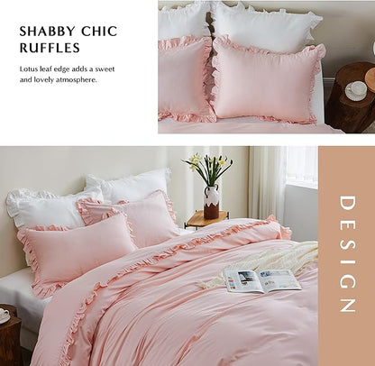 Simple&Opulence Kids 100% Organic Cotton Queen Duvet Cover Ruffle 3Pcs(1 Comforter Cover 2 Pillowcases) Cute Lace Vintage Boho Shabby Chic Farmhouse Bedding Set Teen Girls(Peach Pink,Queen)