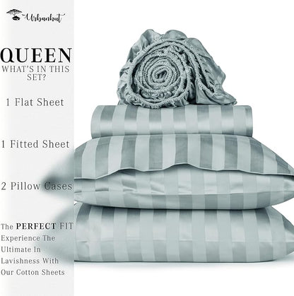 URBANHUT 1000 Thread Count Damask Striped Queen Sheet Set Egyptian Cotton, Long Staple Soft & Breathable, 4 Pcs Bed Sheet Sets, Luxury Hotel Sateen Finish Sheets Fits 16" Deep Pocket - Light Blue