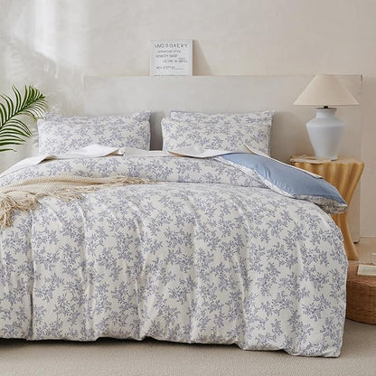Floral Duvet Cover Set Queen Luxury Soft Brushed Microfiber Crinkle Gauze Fabric 3 Pieces Bedding Set Flower Pattern Queen Duvet Cover with Zipper Closure Breathable Comfy