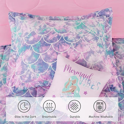 Twin Comforter Set for Girls-3 Pieces Mermaid Glow in The Dark Twin Bedding Sets for Kids,1 Comforter,1 Sham and 1 Decor Pillow