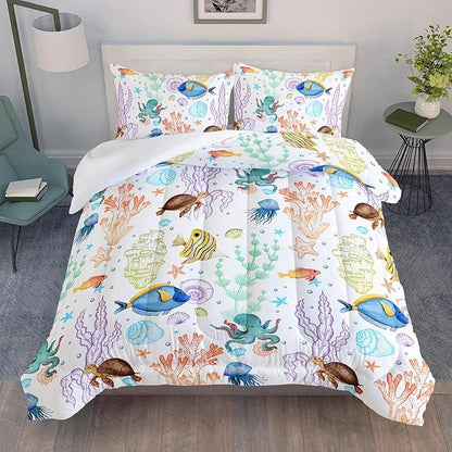 Turtle Comforter Set Full Ocean Watercolor Sea Turtle Bedding Set Tropical Fish Marine Life Bed Set with 2 Pillowcases for Kids Room Decor
