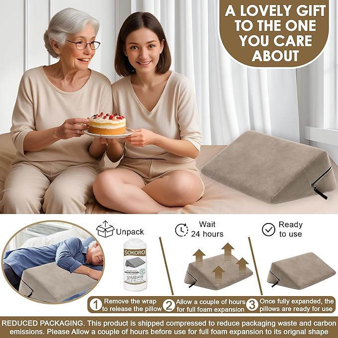 sokoro Bed Wedge Pillow for Sleep Apnea, GERD Acid Reflux Snoring Relief, Pregnancy Side Sleeper Pillow for Adults Seniors Neck Pain Back Sleeping, Leg Elevation Pillows for After Surgery Gifts, Beige