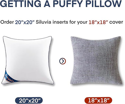 Siluvia 20"x20" Pillow Inserts Set of 2 Decorative Square Square Throw 20 Pillows with 100% Cotton Cover for Sofa, Couch, and Bed - White
