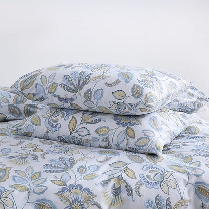 Blue Floral Duvet Cover Queen Size 100% Cotton Botanical Coquette Comforter Cover 3 Pieces Soft & Breathable French Style Duvet Cover with Zipper Closure