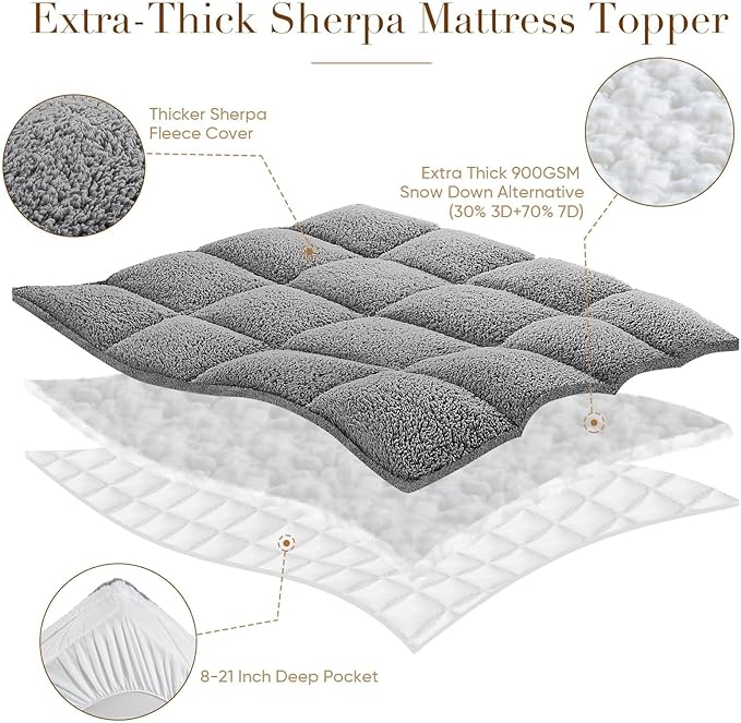 Cymula Twin XL Mattress Topper, Sherpa Mattress Pad for College Dorm Bed 2inch Extra Thick Mattress Cover with 900GSM Down Alternative Soft Pillow Top, Grey