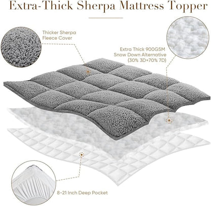 Cymula Twin Mattress Topper, Sherpa Mattress Pad for Dorm Bed Extra Thick 900GSM Down Alternative Plush Pillow Top 2inch Soft Futon Paded Mattress Protector Cover, Grey