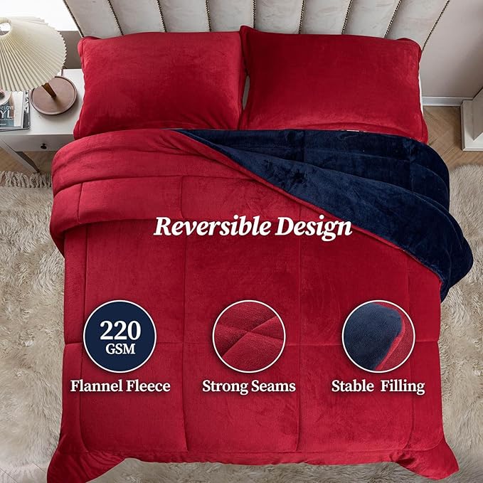 Petrichor Velvet Flannel Queen Comforter Set- Red and Navy Blanket,Luxury Fuzzy Heavy Bedding Set, 3 Pieces Plush Winter Bed Set with Comforter (90"x90") & 2 Pillow Shams (20"x26")