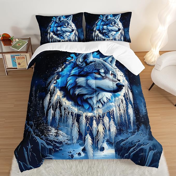 Wild Animal Themed Wolf Comforter Set Full Size,Blue Dream Catcher Snow Scene Bedding Sets for Kids Boys Girls Teens Room Decor,Western Comforter Set with 2 Pillowcases.