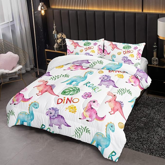 Cartoon Dinosaur Comforter Set Queen 3Pc Kawaii Dinosaur Bedding Set All Season with Tree, Leaf Decoration Includes 1 Comforter, 2 Pillowcases for Kids Girls Teens