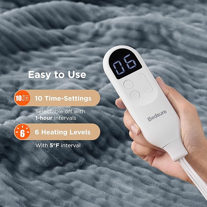 Bedsure GentleSoft Electric Blanket Full Size - Soft Ribbed Flannel Heated Blanket with 6 Heat Levels, Heating with 10 Time Settings, 8 hrs Timer Auto Shut Off, Gifts for Grandma (72x84 inches, Grey)