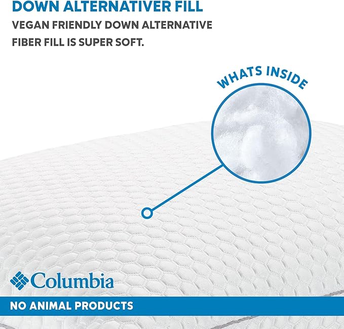 Columbia Comfort Ice Fiber Side Sleeper Down Alternative Bed Pillow with Polyester Fiberfill, Supportive Cooling Double Sided Breathable Cover (Back & Stomach Sleeper, King (Pack of 2))