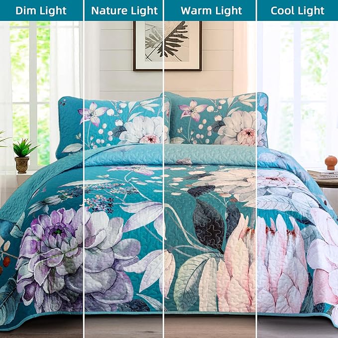 Drucon Floral Quilt Queen Size - 3 Pieces Aqua Blue Quilt Botanical Bedspread Soft Lightweight Flower Bedding Set for All Season (96"x90")