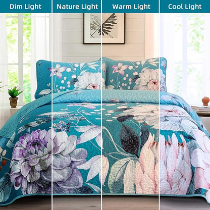 Drucon Floral Quilt Queen Size - 3 Pieces Aqua Blue Quilt Botanical Bedspread Soft Lightweight Flower Bedding Set for All Season (96"x90")