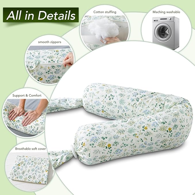 Full Body Pillow for Adults- Candy Long Round Bolster Pillow with Removable Floral Pillowcase, Adjustable Height, Firm Support for Side Sleeping, Pregnant Women, Washable,7.87"x55"