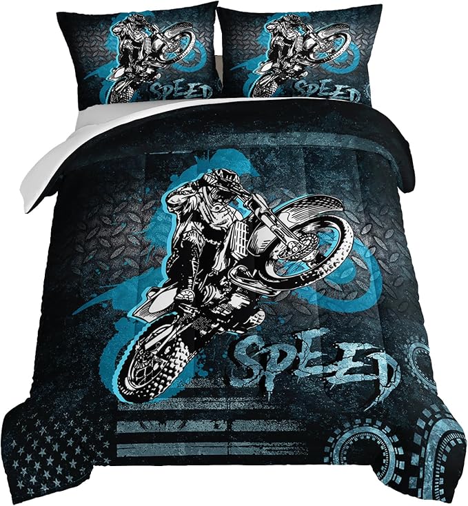 HOSIMA Dirt Bike Comforter Motocross Rider Bedding Set for Race Car Bed,American Flag Motorbike King Size Comforter Set Extreme Sport Bedding for Boys Teens Mens Bedroom Essentials.