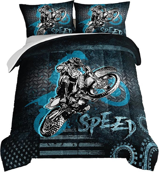 HOSIMA Dirt Bike Comforter Motocross Rider Bedding Set for Race Car Bed,American Flag Motorbike King Size Comforter Set Extreme Sport Bedding for Boys Teens Mens Bedroom Essentials.