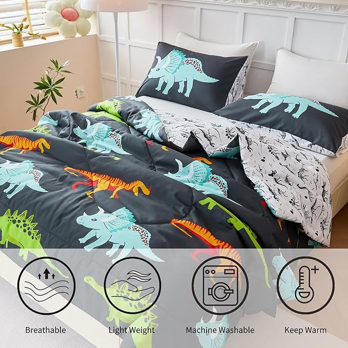 RYNGHIPY Dinosaur Bedding Set - Queen Size Comforter Set for Boys & Girls - Soft, Breathable, Cute Dinosaur Bed Set for All Season (Black, Queen)