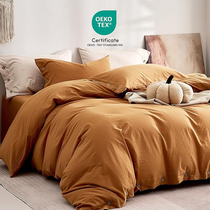 JELLYMONI 100% Washed Cotton Duvet Cover Twin – Soft, Breathable Linen-Look Bedding with Natural Wrinkle Texture, Button Closure, 3-Piece Set (Amber Orange, 68"x90")